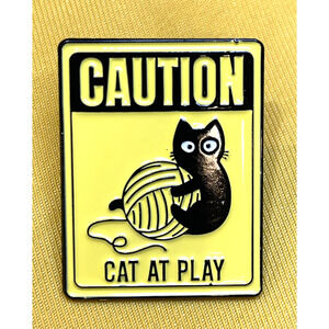 NWOT Caution Cat At Play Pin Yellow Enamel Sign Animal Lapel Brooch Yarn Ball